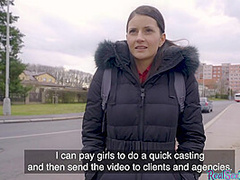 Lonely brunette shows tits before pickup and has public sex