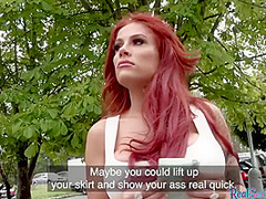 Busty redhead milf gets public pickup and has outdoor sex