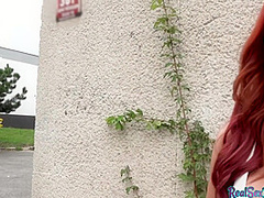 Busty redhead milf gets public pickup and has outdoor sex