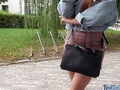 Crazy slut with natural tits gets fucked outdoor in public