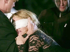 Blindfolded Blonde Beauty Takes Three Big Cocks At One