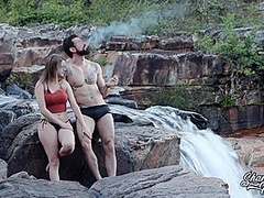 Blonde With Big Natural Breasts Makes Risky Public Sex In A Public Waterfall