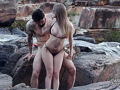 Blonde With Big Natural Breasts Makes Risky Public Sex In A Public Waterfall