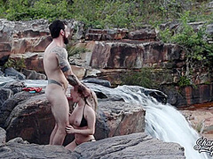 Blonde With Big Natural Breasts Makes Risky Public Sex In A Public Waterfall