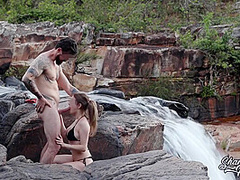 Blonde With Big Natural Breasts Makes Risky Public Sex In A Public Waterfall