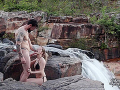 Blonde With Big Natural Breasts Makes Risky Public Sex In A Public Waterfall