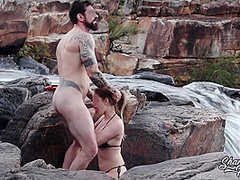 Blonde With Big Natural Breasts Makes Risky Public Sex In A Public Waterfall