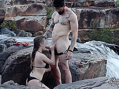 Blonde With Big Natural Breasts Makes Risky Public Sex In A Public Waterfall