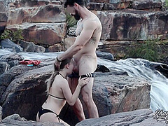 Blonde With Big Natural Breasts Makes Risky Public Sex In A Public Waterfall