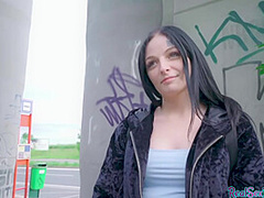 Face tattoo brunette gets picked up and fucked in public