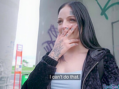 Face tattoo brunette gets picked up and fucked in public