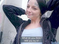 Face tattoo brunette gets picked up and fucked in public