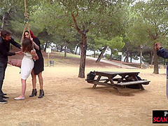 Public bdsm sub getting canned and humiliated outdoors