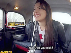 Busty european lesbian pussylicking cabbie on backseat