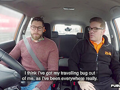 Busty brit driving student publicly cockrides on front seat