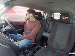 Busty brit driving student publicly cockrides on front seat