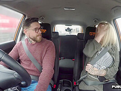 Busty brit driving student publicly cockrides on front seat
