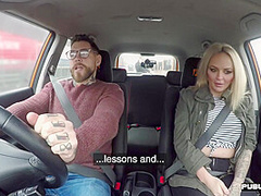 Busty brit driving student publicly cockrides on front seat