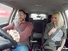 Busty brit driving student publicly cockrides on front seat