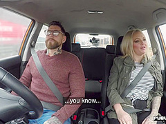 Busty brit driving student publicly cockrides on front seat