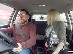 Busty brit driving student publicly cockrides on front seat