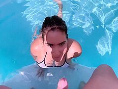 Big Tits Milf Ended Up Sucking Her Boss Dick In The Pool And Fucking Him In The Bathroom