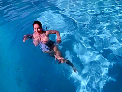 Big Tits Milf Ended Up Sucking Her Boss Dick In The Pool And Fucking Him In The Bathroom