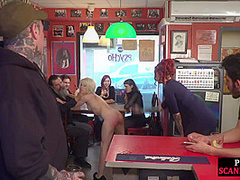 BDSM slut publicly fucked in bar in front of voyeurs