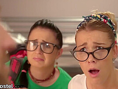 Hostel babes fucking roommate in public threesome room