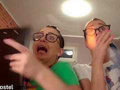 Hostel babes fucking roommate in public threesome room