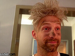 Hostel babes fucking roommate in public threesome room