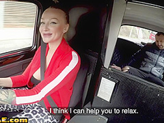 Busty cabbie cockriding after sucking on backseat of taxi