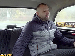 Busty cabbie cockriding after sucking on backseat of taxi