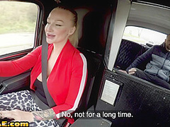 Busty cabbie cockriding after sucking on backseat of taxi