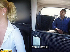 Euro cabbie riding in interracial couple on the backseat