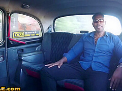 Euro cabbie riding in interracial couple on the backseat