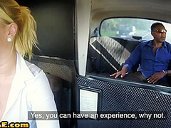 Euro cabbie riding in interracial couple on the backseat