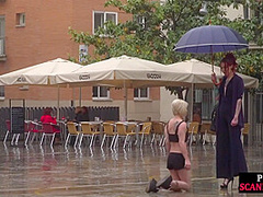 Public slut humiliated on the street by her strict domina