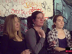 Gagged public slut sucks and cockrides in corwded bar