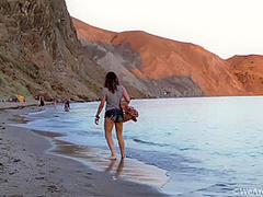 Elena V - Grey Shirt Denim Shorts