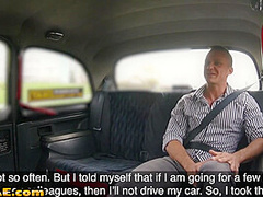 Busty euro cabbie sucks and rides her passenger on backseat