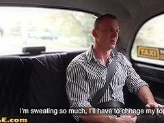 Busty euro cabbie sucks and rides her passenger on backseat