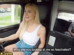 Busty euro cabbie sucks and rides her passenger on backseat