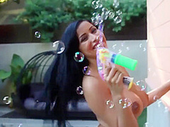 Chubby Brunette Caresses Hot Body In The Outdoor Bath