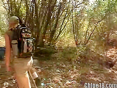 Blonde outdoorsy teen eats lez out