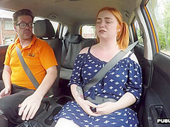 Curvy ginger publicly riding british driving teacher in car