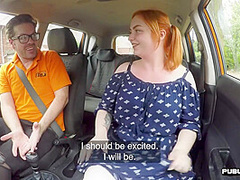 Curvy ginger publicly riding british driving teacher in car