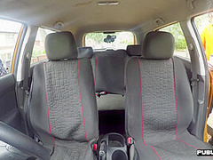 Curvy ginger publicly riding british driving teacher in car