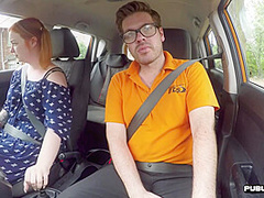 Curvy ginger publicly riding british driving teacher in car