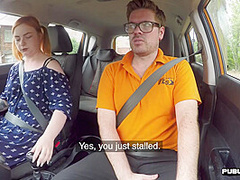 Curvy ginger publicly riding british driving teacher in car
